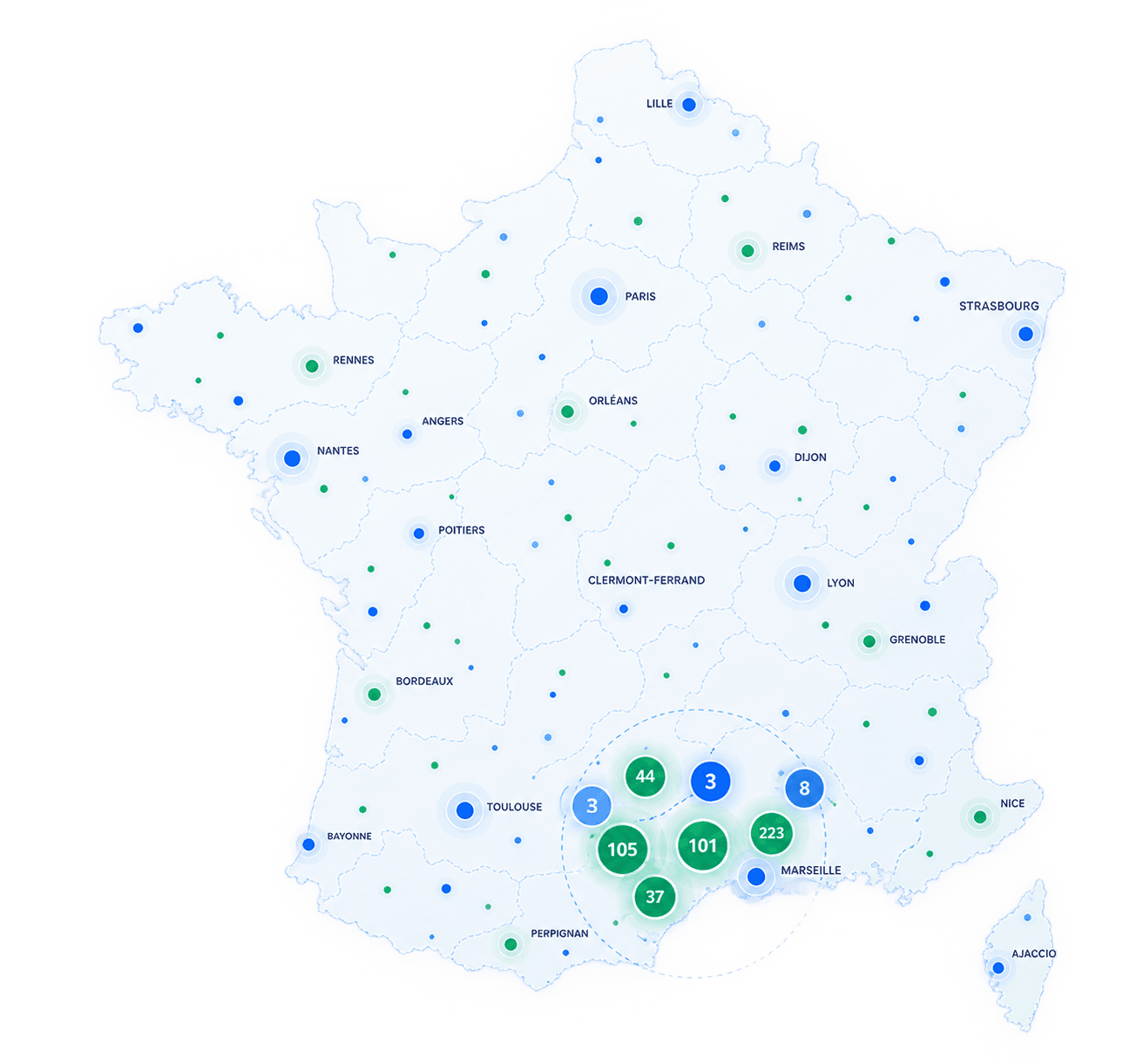 Carte illustrative des opportunités de construction professionnelles en France